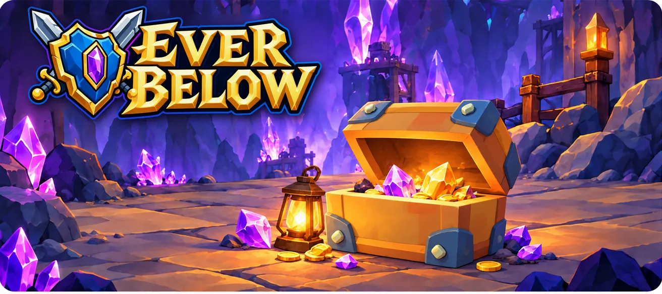 Everbelow: a lantern-lit treasure chest in a crystal mine.